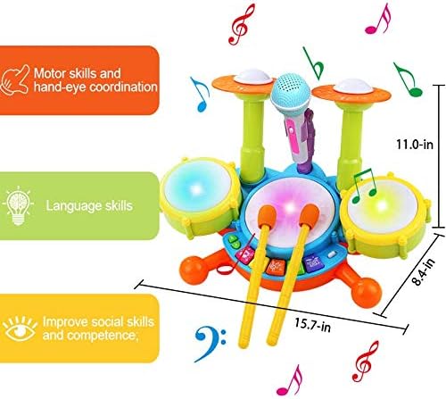 Fidtoy Kids Drum Set with Microphone for Toddlers – Musical Instrument Toy with Lights, Sounds & Interactive Learning