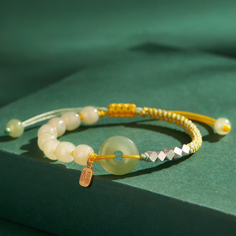Buddha Stones 925 Sterling Silver Hetian Jade Peace Buckle Beaded Luck Happiness Charm Bracelet Bracelet BS Yellow