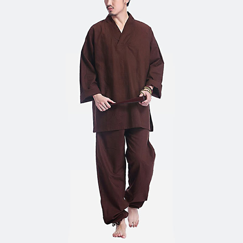 Buddha Stones Meditation Prayer V-neck Design Cotton Linen Spiritual Zen Practice Yoga Clothing Men's Set - image 3