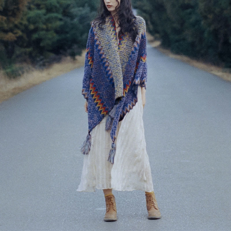 Buddha Stones Tibetan Shawl Soft Warm Knitting Cloak Winter Tibetan Tassel Scarf Tibetan Shawl BS 9