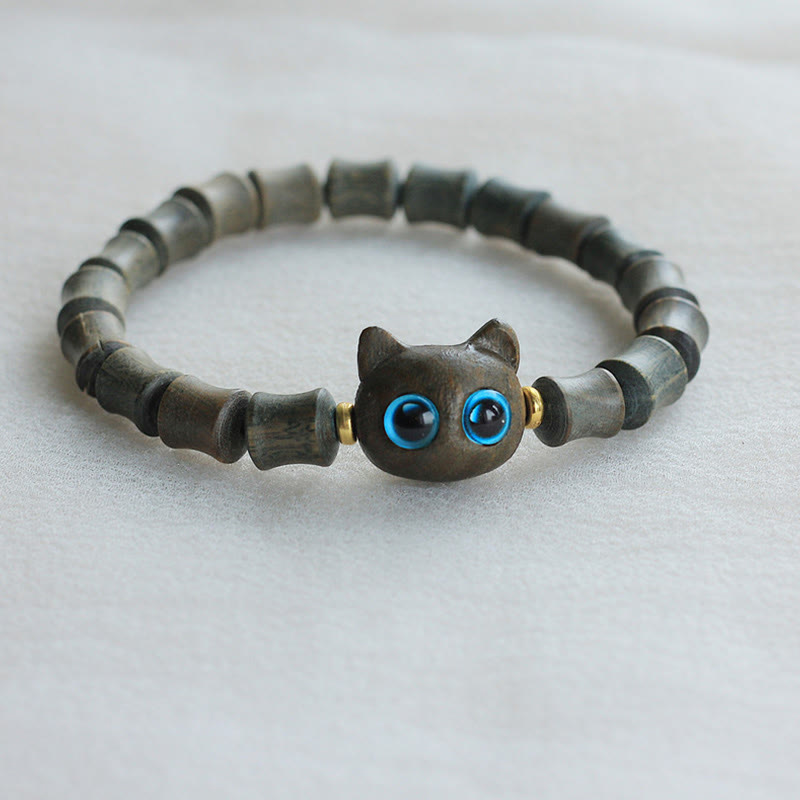 Buddha Stones Ebony Wood Green Sandalwood Cute Cat Peace Bracelet Bracelet BS Green Sandalwood(Cure♥Positive)