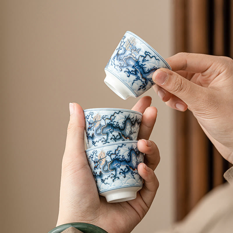 Buddha Stones Small Blue And White Dragon Pattern Ceramic Teacup Kung Fu Tea Cups 45ml Cup BS 10