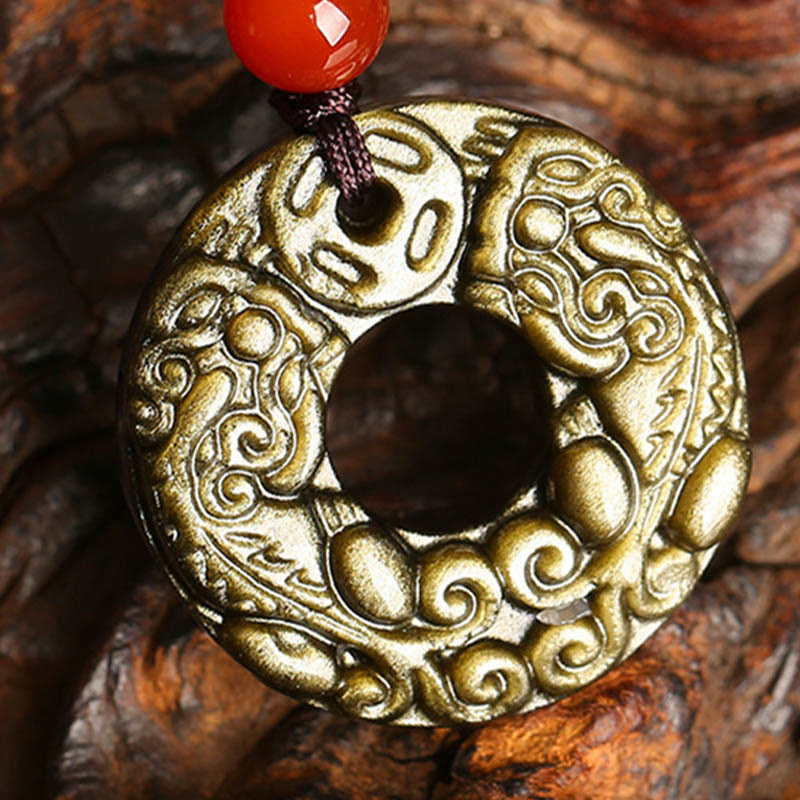 Buddha Stones Gold Sheen Obsidian Peace Buckle Pixiu Copper Coin Wealth Necklace Pendant Necklaces & Pendants BS 4