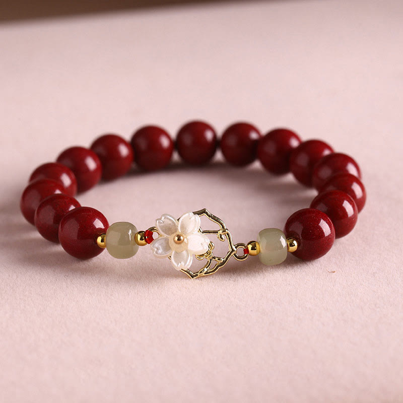 Buddha Stones Natural Cinnabar Jade Beaded Tridacna Stone Flower Blessing Bracelet Bracelet BS Cinnabar 10mm(Wrist Circumference 18cm)
