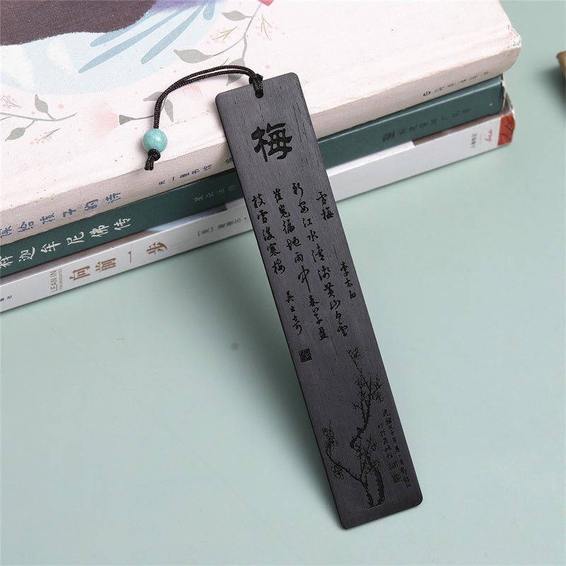 Buddha Stones Plum Orchid Bamboo Chrysanthemum Wood Bookmarks With Gift Box Bookmarks BS Plum-Ebony