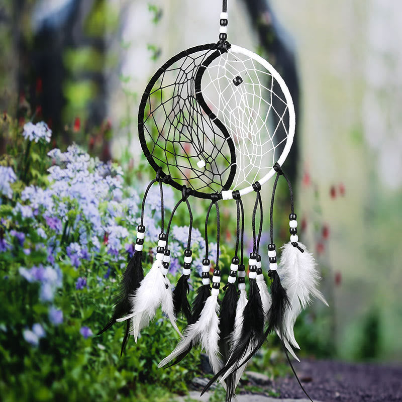 Buddha Stones Yin Yang Dream Catcher Circular Net with Feathers Balance Decoration Decorations BS 17
