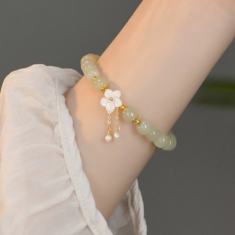 Buddha Stones 925 Sterling Silver Natural Hetian Jade Luck Flower Bracelet Bracelet BS 4
