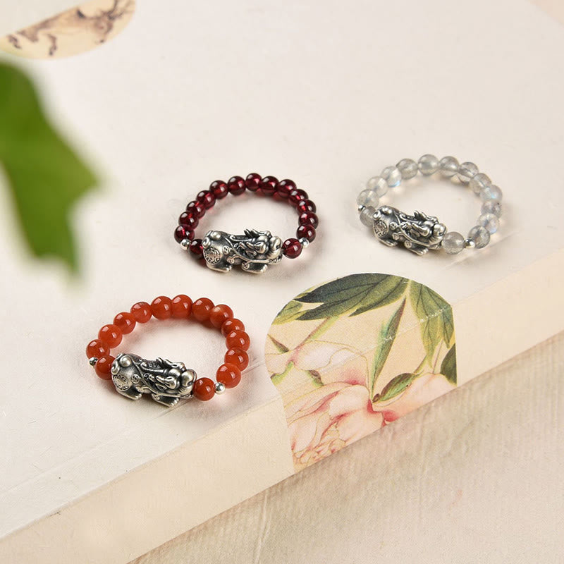 Buddha Stones 925 Sterling Silver Natural Garnet Moonstone Red Agate PiXiu Wealth Ring Ring BS 1