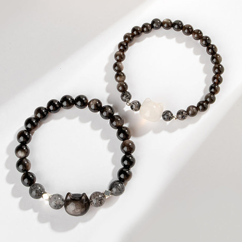 Buddha Stones Natural Silver Sheen Obsidian Cute Cat Head Protection Bracelet Bracelet BS 1