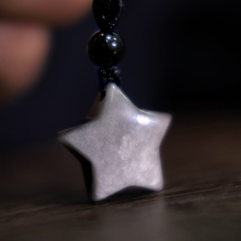Buddha Stones Natural Silver Sheen Obsidian Star Crescent Moon Protection Necklace Pendant Necklaces & Pendants BS 1