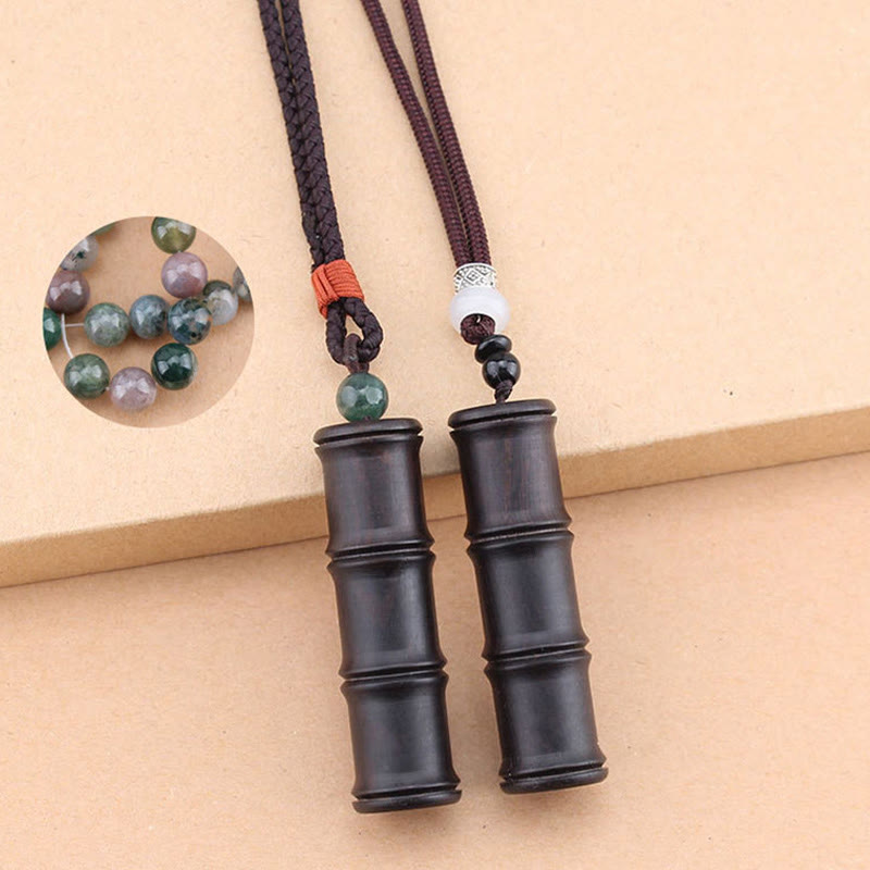 Buddha Stones Ebony Wood Bamboo Pattern Ghau Prayer Box Peace Necklace Pendant Necklaces & Pendants BS 12