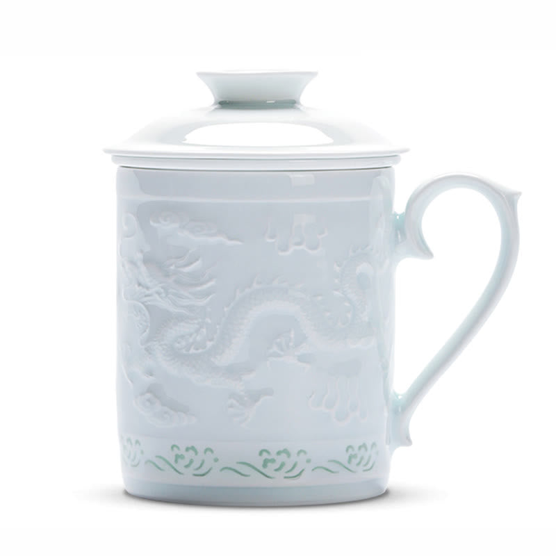 Buddha Stones Jingdezhen Linglong Porcelain Auspicious Dragon Phoenix Boat Smooth Sailing Ceramic Teacup Office Tea Cups 420ml Cup BS 6