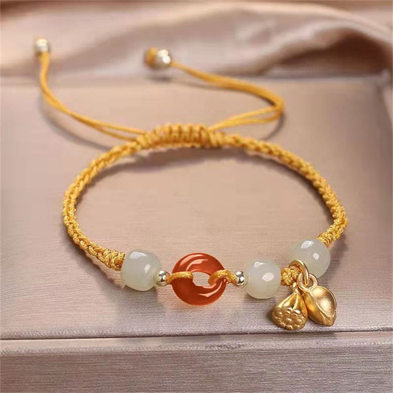 Buddha Stones Red Agate Peace Buckle Jade Lotus Healing Braided Bracelet Bracelet BS Yellow(Wrist Circumference 14-18cm)