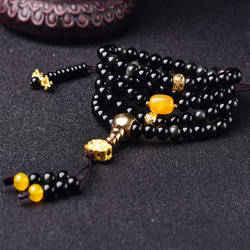 Buddha Stones 108 Beads Natural Black Obsidian Lotus Fulfilment Mala Bracelet Bracelet Mala BS 3