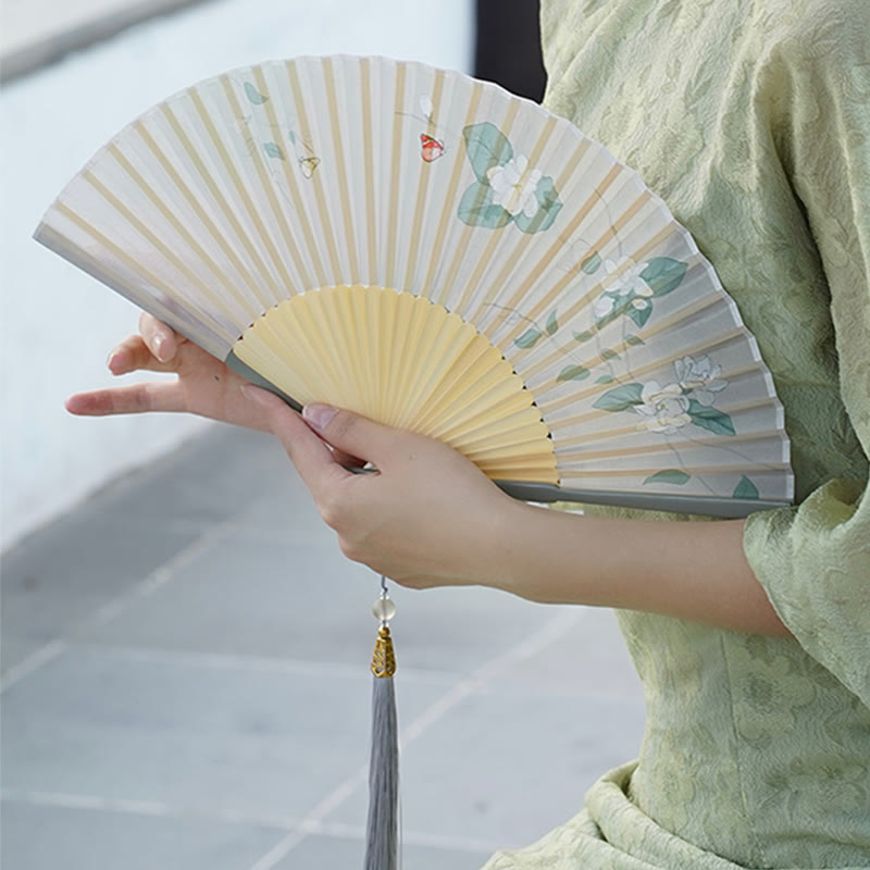 Buddha Stones Jasmine Flowers Handheld Bamboo Folding Fan Folding Fan BS 1