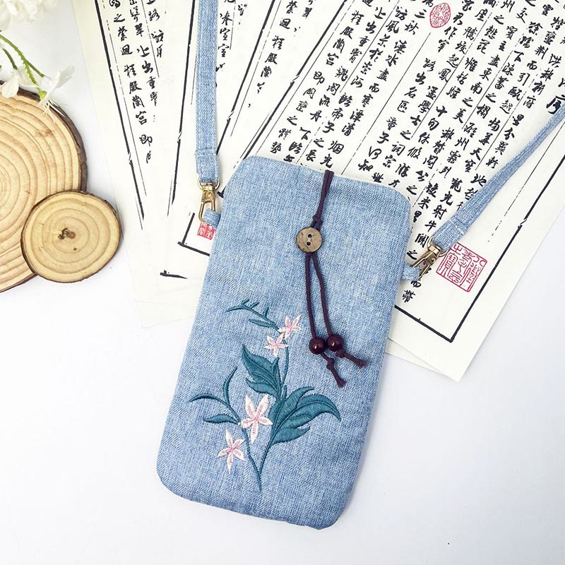 Buddha Stones Small Embroidered Flowers Crossbody Bag Shoulder Bag Cellphone Bag 11*20cm Crossbody Bag BS 19