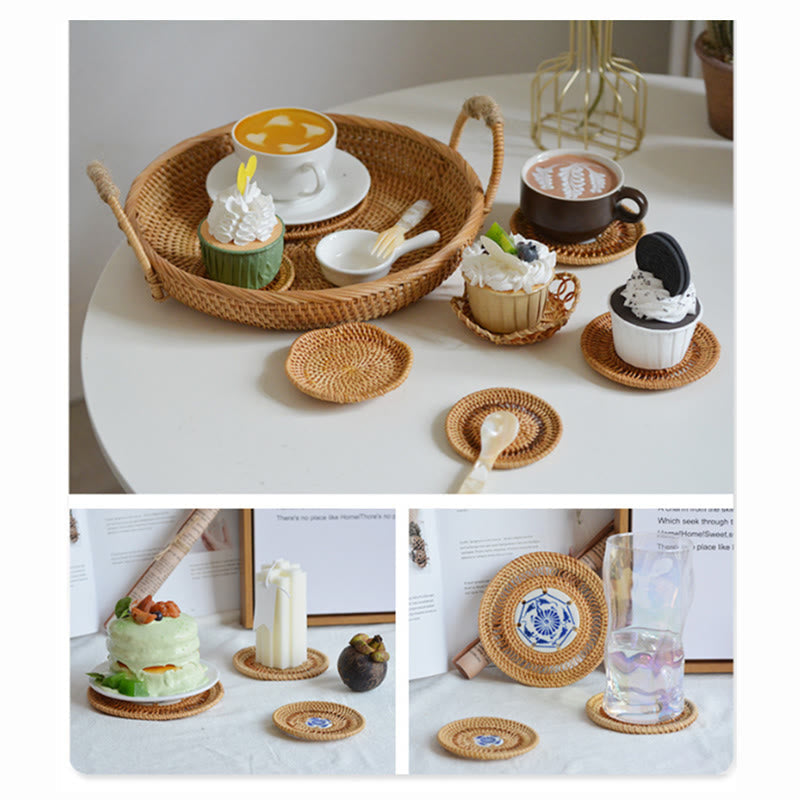 Buddha Stones Ceramic Flower Pattern Rattan Cup Mat Tea Cup Coaster Decorations BS 6