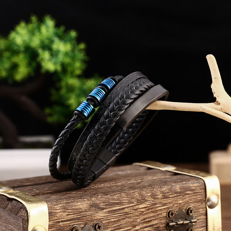 Buddha Stones Leather Multi-Layer Titanium Steel Balance Braided Magnetic Buckle Bracelet Bracelet BS 20
