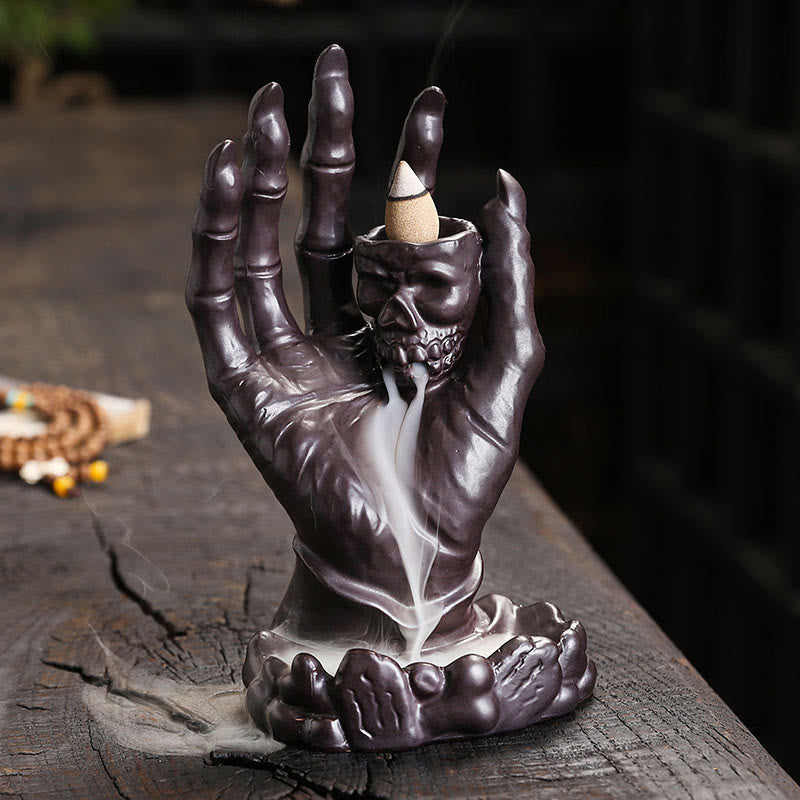 Buddha Stones Halloween Ghost Hand Skull Head Ceramic Peace Healing Incense Burner Decoration Incense Burner BS Brown 17*9.5*9.2cm