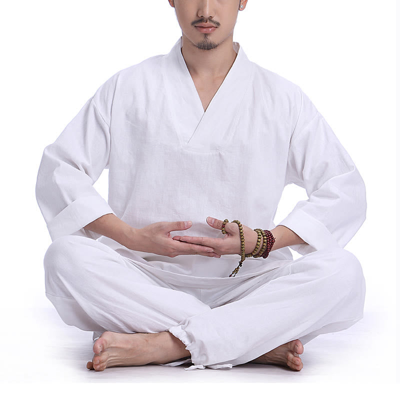 Buddha Stones Meditation Prayer V-neck Design Cotton Linen Spiritual Zen Practice Yoga Clothing Men's Set - White - US/UK/AU44,EU54 (3XL) - image 14