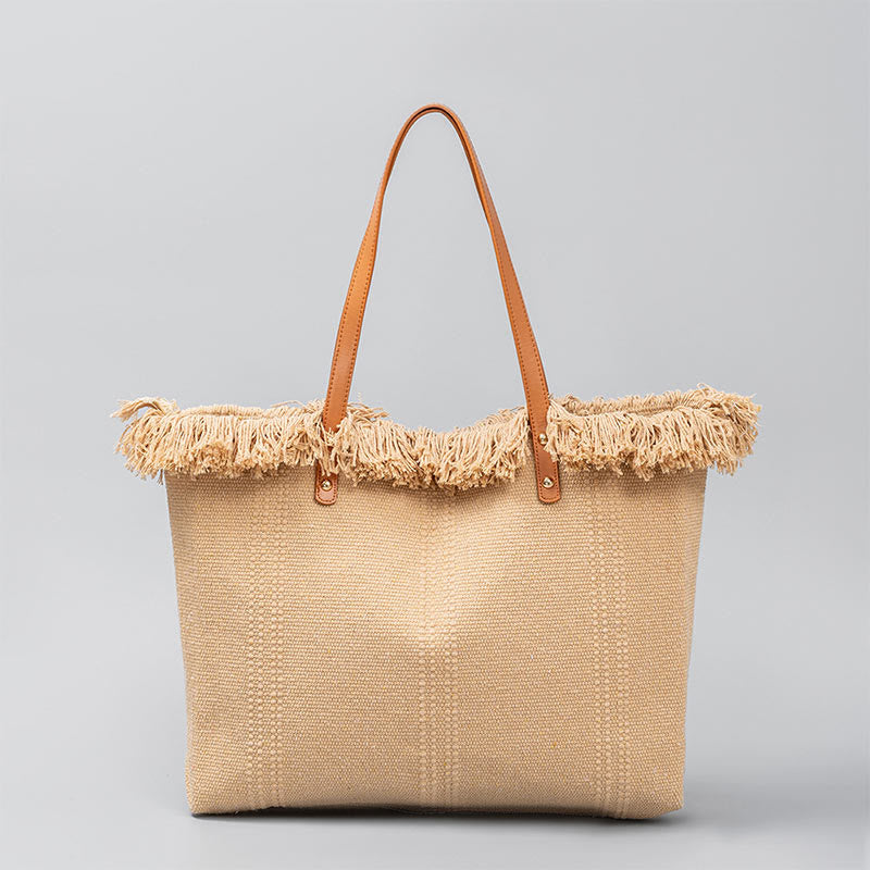Buddha Stones Large Capacity Solid Color Tassel Canvas Tote Shoulder Bag Shoulder Bag BS 2