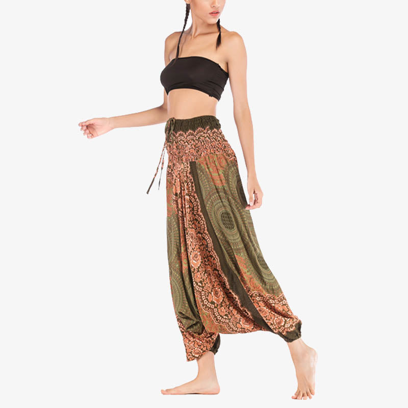 Buddha Stones Two Style Wear Round Geometric Pattern Loose Smocked Harem Trousers Jumpsuit High Waist Women's Yoga Pants Harem Pants&Bodysuit BS 42