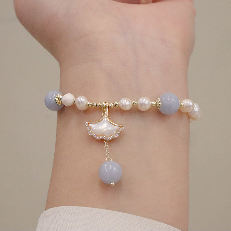 Buddha Stones Natural Aquamarine Pearl Healing Ginkgo Leaf Butterfly Charm Bracelet Bracelet BS 6