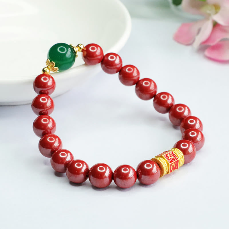Buddha Stones Natural Cinnabar Green Agate Om Mani Padme Hum Pattern Blessing Bracelet Bracelet BS 1
