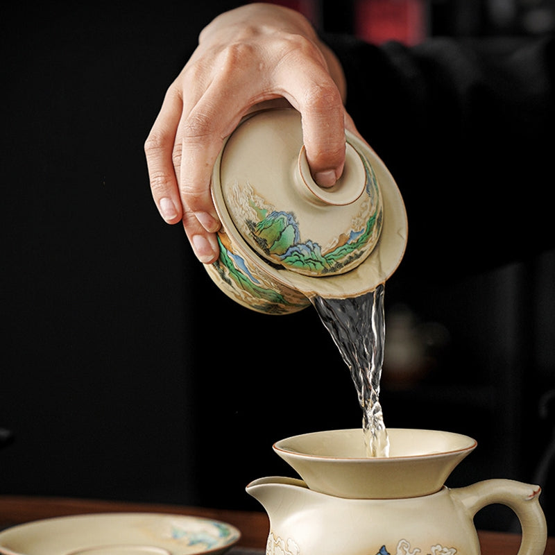 Buddha Stones A Panorama of Rivers and Mountains Flowers Ceramic Gaiwan Sancai Teacup Kung Fu Tea Cup And Saucer With Lid Cup BS 4