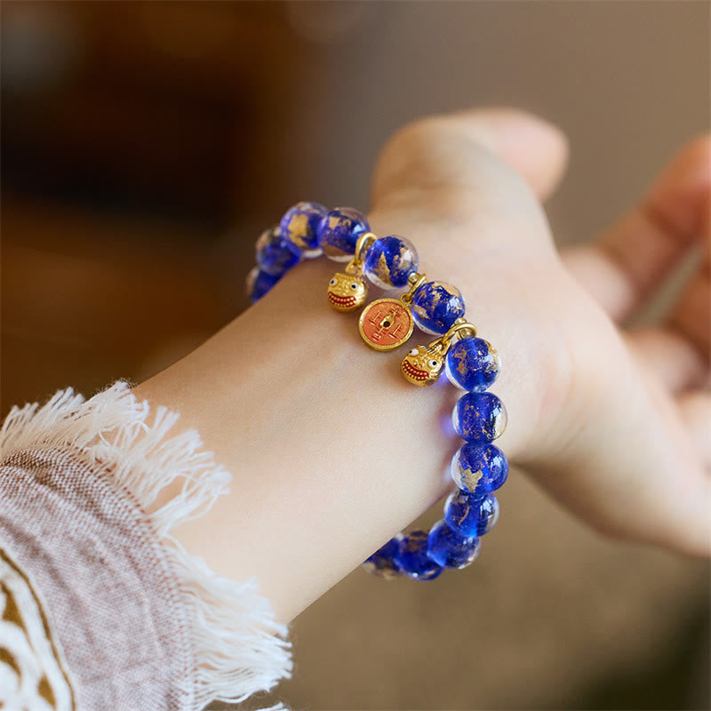 Buddha Stones Gold Swallowing Beast Copper Coin Good Luck Charm Liuli Glass Bead Fortune Bracelet Bracelet BS Dark Blue Liuli Glass Bead(Wrist Circumference 14-16cm)