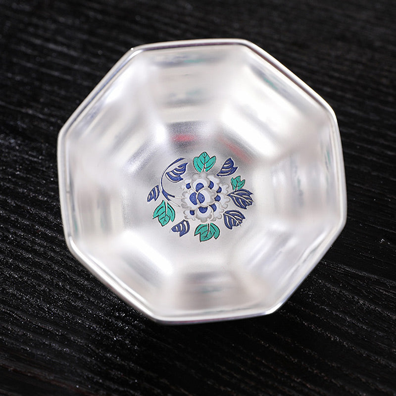 Buddha Stones 999 Sterling Silver Gilding Chrysanthemum Flowers Ceramic Teacup Kung Fu Tea Cup Cup BS 4
