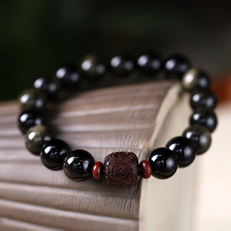 Buddha Stones Natural Gold Sheen Obsidian Rainbow Obsidian Om Mani Padme Hum Fu Character Healing Bracelet Bracelet BS 10mm Gold Sheen Obsidian&Fu Character(Wrist Circumference 14-16cm)