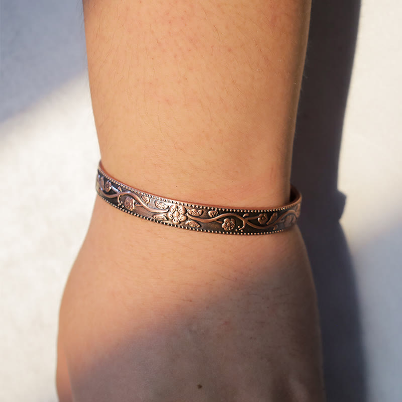 Buddha Stones Floral Magnetic Copper Adjustable Cuff Bracelet Bangle Bracelet Bangle BS 2