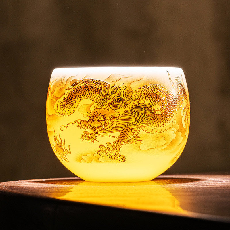 Buddha Stones Dragon Phoenix Auspicious Clouds Ceramic Teacup Kung Fu Tea Cup With Gift Box Cup BS 7