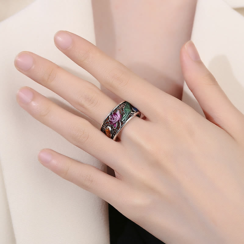 Buddha Stones Copper Blue Enamel Lotus Heart Sutra Koi Fish Luck Ring Ring BS 15