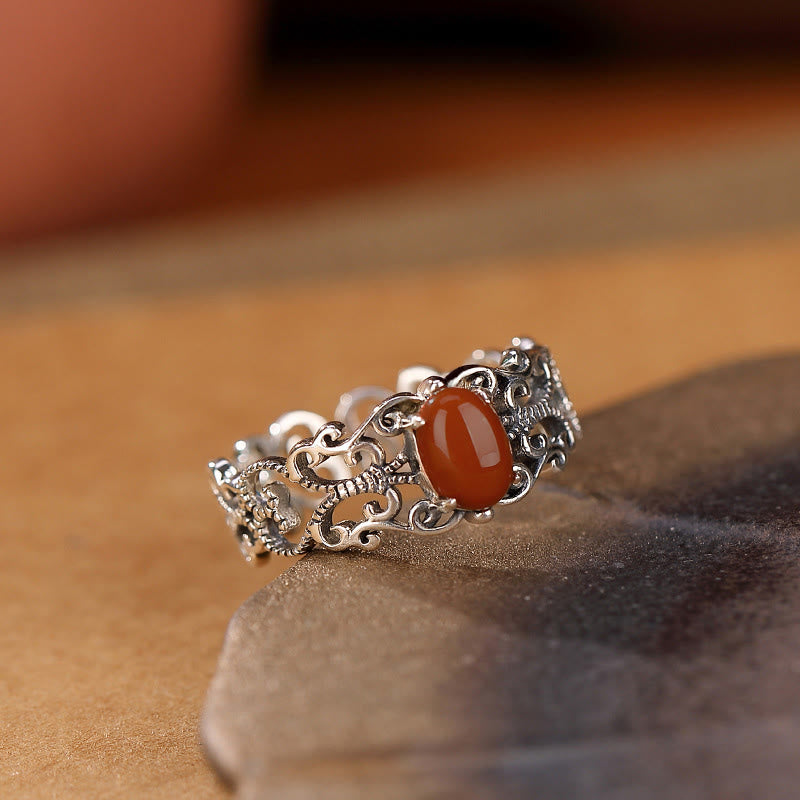 Buddha Stones 925 Sterling Silver Vintage Red Agate Self-acceptance Calm Ring Ring BS 2