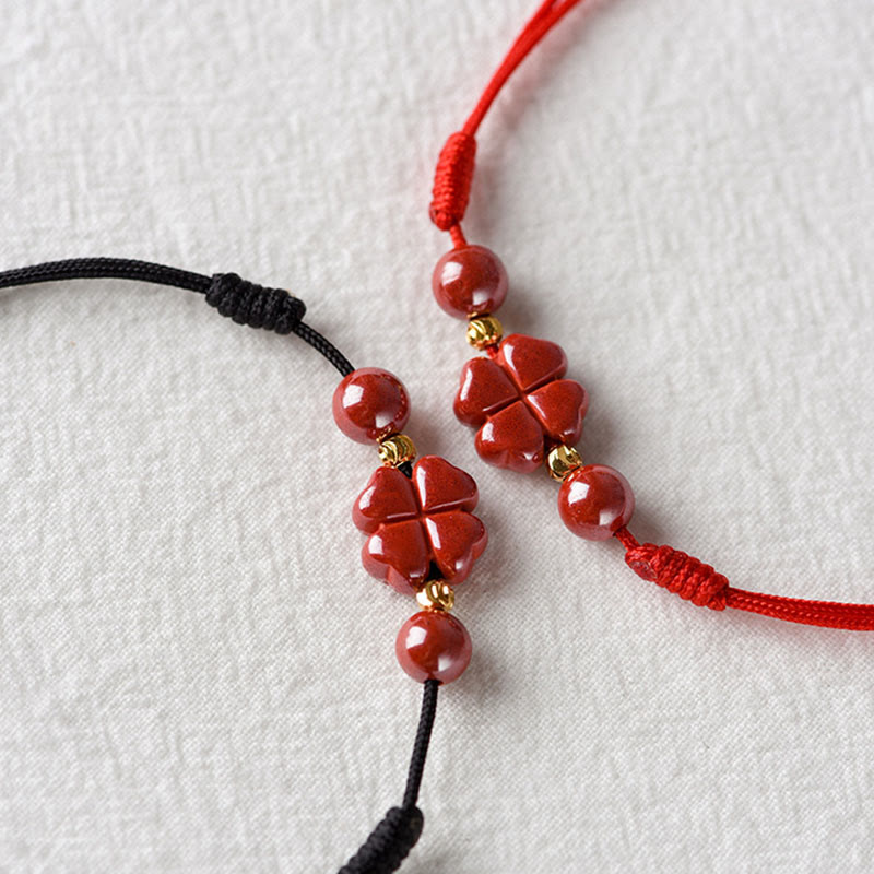 Buddha Stones Four Leaf Clover Cinnabar Blessing Calm String Bracelet Anklet Bracelet BS 27