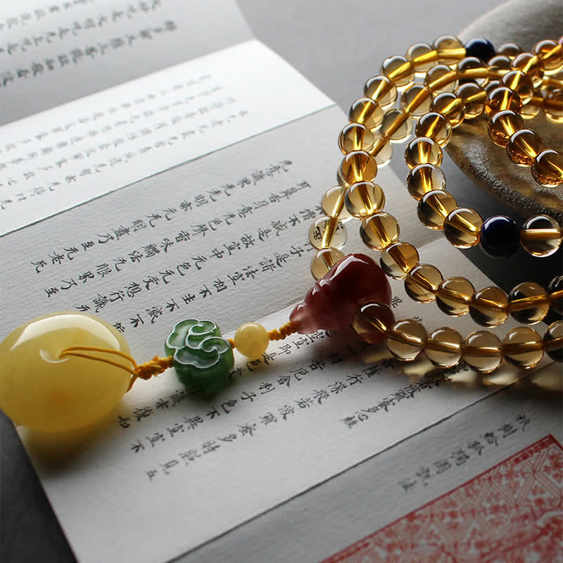 108 Mala Beads Natural Citrine Amber Peace Buckle Red Agate PiXiu Protection Charm Bracelet Mala Bracelet BS 14