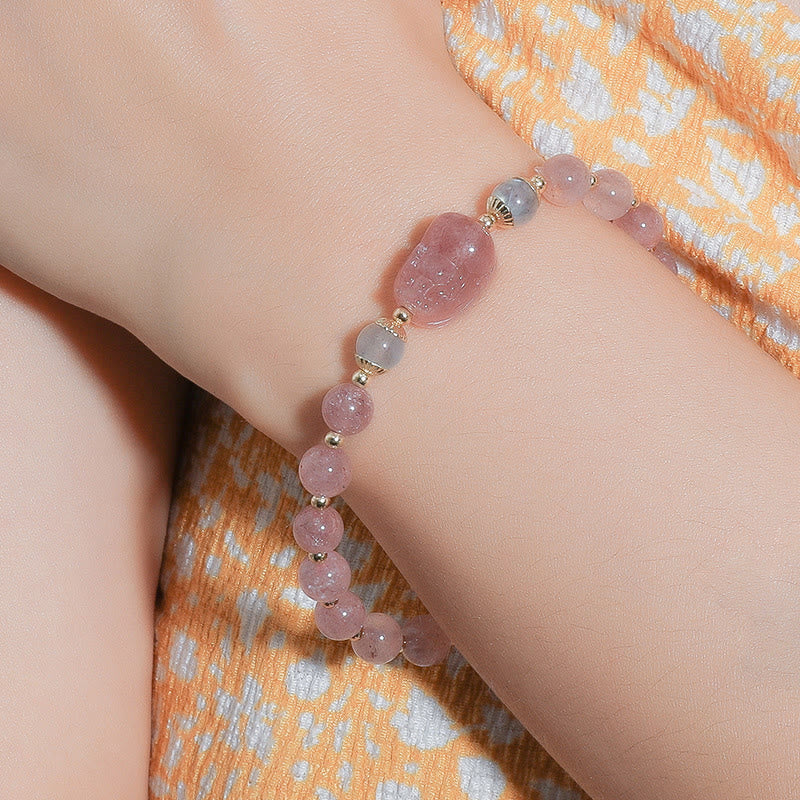 Buddha Stones Moonstone Strawberry Quartz Tourmaline PiXiu Healing Bracelet Bracelet BS 5