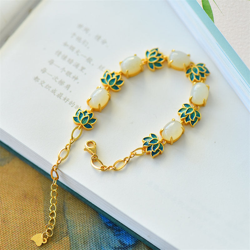 Buddha Stones White Jade Cyan Jade Lotus Protection Bracelet Bracelet BS 1
