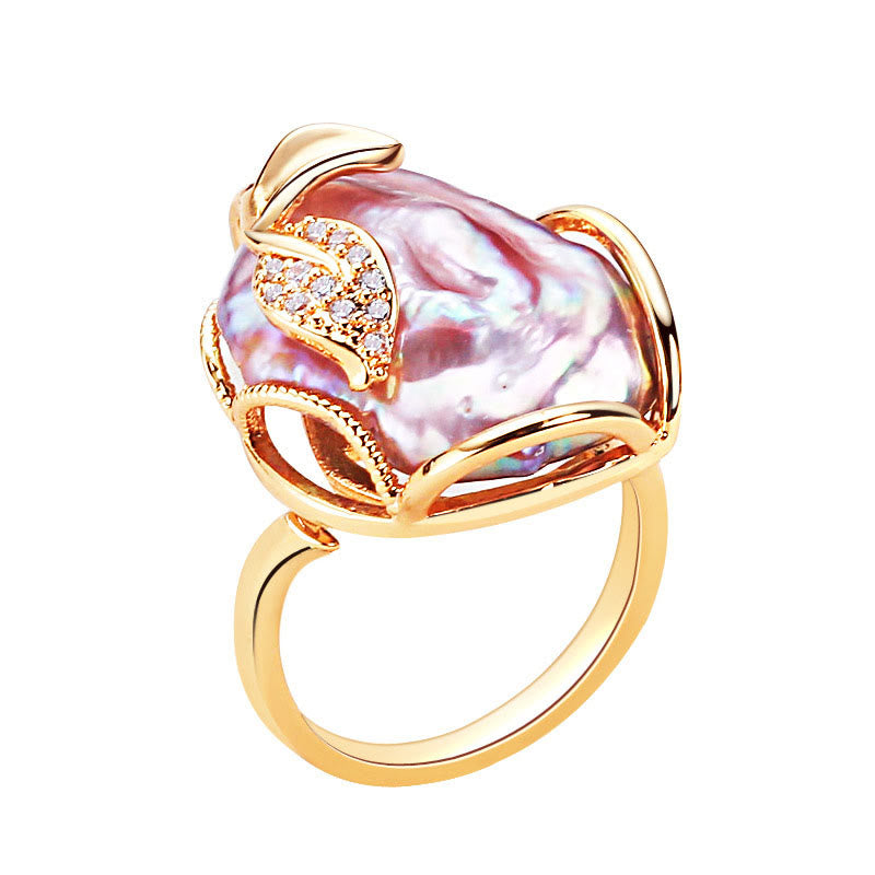 Buddha Stones Pearl Copper Plated Gold Flower Happiness Wealth Ring Ring BS 6
