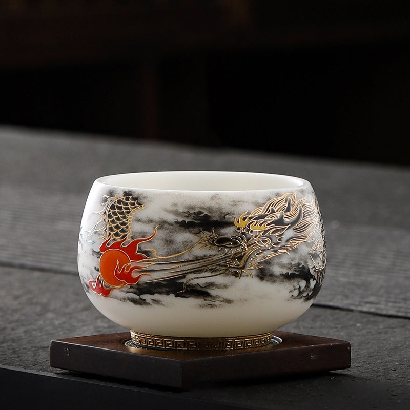 Buddha Stones Dragon Playing With Pearl Design White Porcelain Ceramic Teacup Kung Fu Tea Cup 160ml Cup BS Black Dragon 8.2cm*5.6cm*160ml