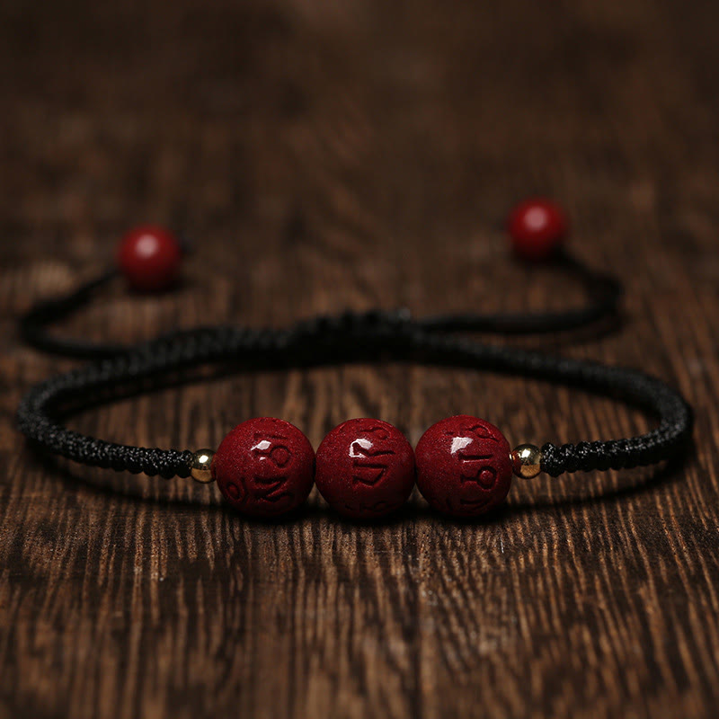 Buddha Stones Handmade Cinnabar Om Mani Padme Hum Engraved Beads Blessing Braided Bracelet Bracelet BS Black Rope(Wrist Circumference 14-17cm)