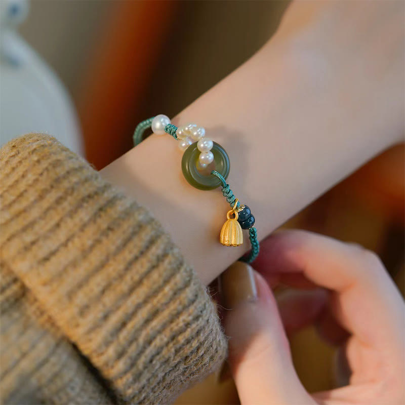 Buddha Stones Natural Hetian Jade Peace Buckle Pearl Luck Handcrafted Braided Bracelet Bracelet BS 5