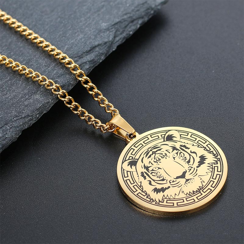 Buddha Stones Animal Titanium Steel Chain Necklace Protection Pendant Necklaces & Pendants BS Gold Tiger