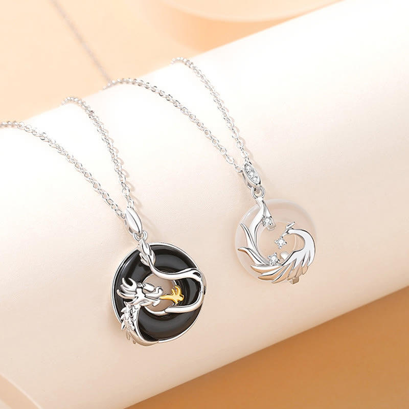 Buddha Stones 925 Sterling Silver Year of the Dragon Natural Black Onyx Chalcedony Dragon Phoenix Peace Buckle Protection Necklace Pendant Necklaces & Pendants BS 2