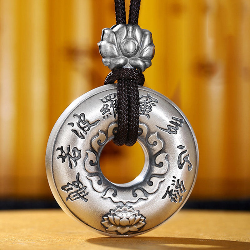 Pendentif de collier Foviel en argent sterling 999 avec motif de boucle de paix lotus et soutra du cœur