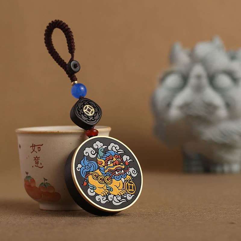 Buddha Stones PiXiu Copper Coin Ebony Wood Luck Attract Wealth Key Chain Decoration Key Chain BS 5
