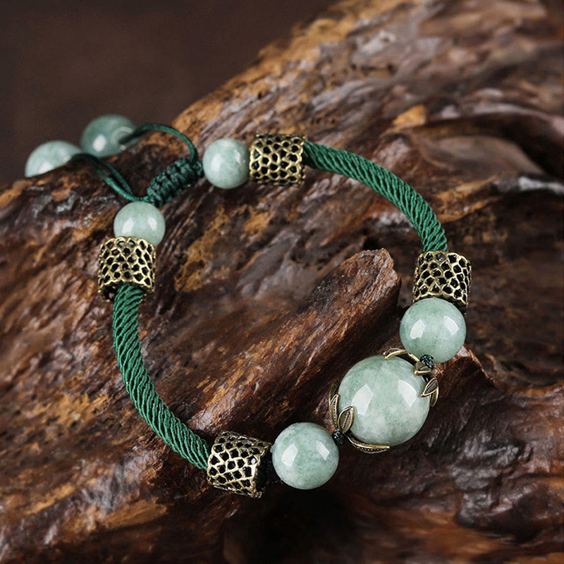 Buddha Stones Handmade Green Rope Luck Jade Bead Prosperity Bracelet Bracelet BS 14-19cm