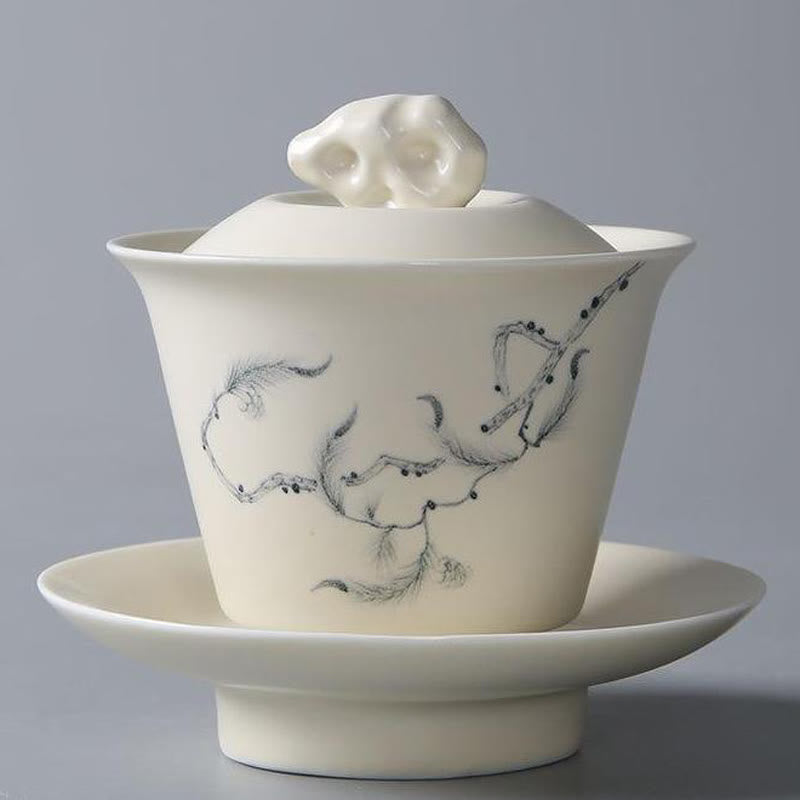 Buddha Stones Hand Painted Pomegranate Hibiscus Pine Lotus Ceramic Gaiwan Sancai Teacup Kung Fu Tea Cup And Saucer With Lid Cup BS 9*10cm*170ml Pine